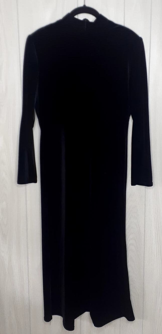 Vintage K.C. Spencer Crushed Black Velvet Maxi Dress Long Sleeve Size 10 Petite